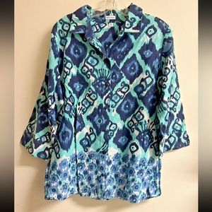 Rebecca Malone Button Up Spring Top Women's XL Blue Teal 3/4 Sleeve Collard